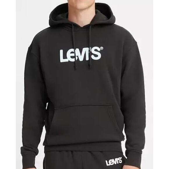 Levi's Men's Medium Fleece Graphic Logo Hoodie Relaxed Fit Solid Black - Picture 1 of 10